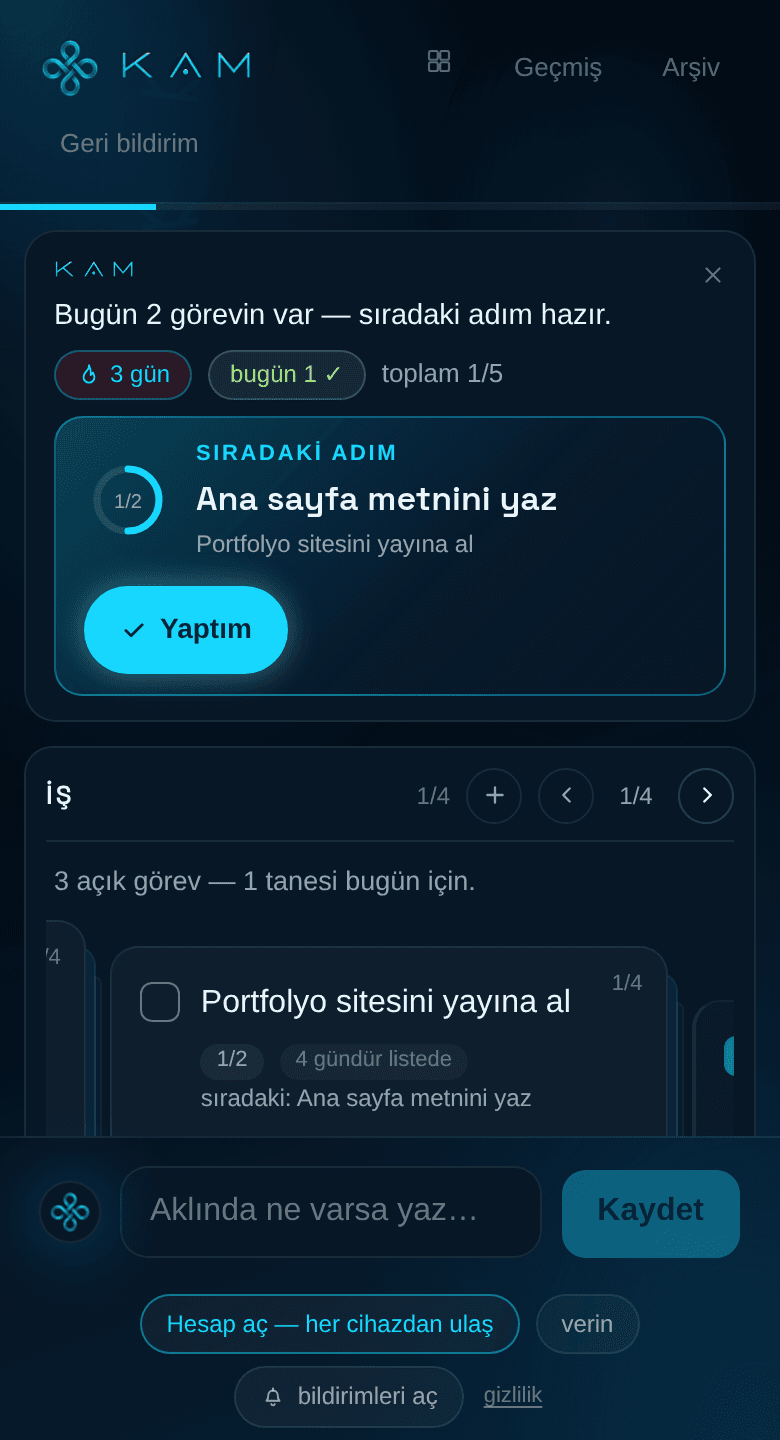 KAM paneli: KAM'ın karşılama şeridi, sıradaki adım kartı ve alanlara dizilmiş görevler